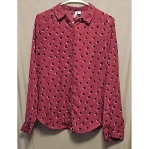 Elle Womens Small Polka Dot Blouse Pink Button Front Long Sleeve Work Top